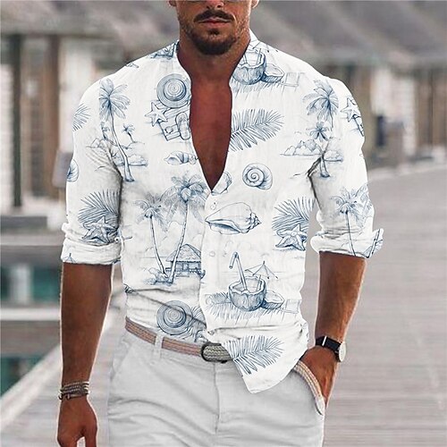 

Men's Shirt Starfish Conch Stand Collar Blue Long Sleeve 3D Print Outdoor Casual Button-Down Print Tops Fashion Designer Casual Comfortable / Sports