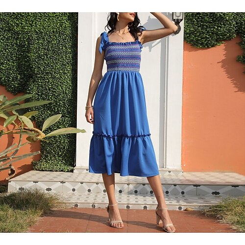 

Women's A Line Dress Knee Length Dress Blue Sleeveless Striped Line Backless Patchwork Cold Shoulder Fall Summer Spaghetti Strap Fashion Modern 2022 S M L XL