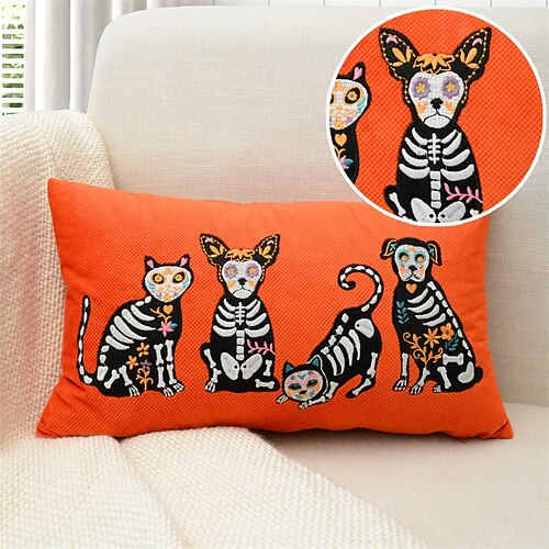 

Halloween Throw Pillow Cover Embroidery Farmhouse Square Quality Pillow Case for Bedroom Livingroom Cushion Cover Skull Dog Cat