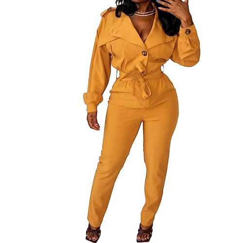 

Women's Jumpsuit High Waist Solid Color Shirt Collar Streetwear Party Vacation Regular Fit Long Sleeve Yellow Orange Black S M L Winter