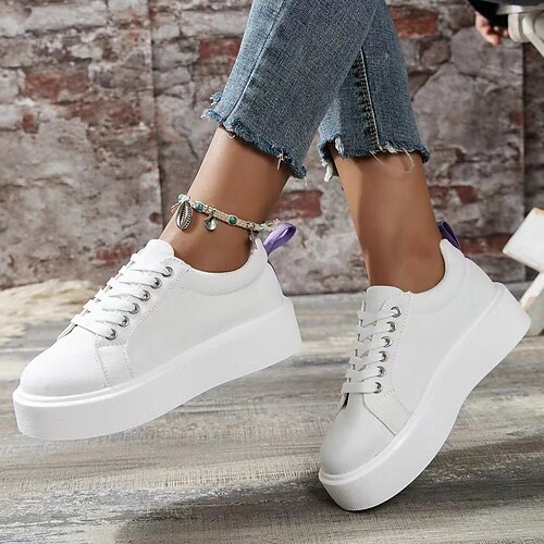 

Women's Sneakers Daily Plus Size Platform Sneakers White Shoes Winter Flat Heel Round Toe Classic Walking Shoes Canvas Lace-up Solid Colored White