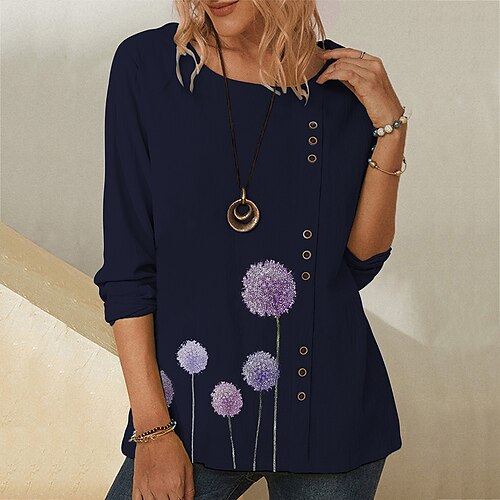 

Women's T shirt Tee Floral Holiday Weekend Floral Painting T shirt Tee Long Sleeve Button Print Round Neck Basic Blue Navy Blue Beige S / 3D Print