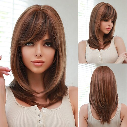 

Synthetic Wig Straight With Bangs Machine Made Wig Medium Length A1 Synthetic Hair Women's Soft Party Easy to Carry Brown Mixed Color / Daily Wear / Party / Evening / Daily