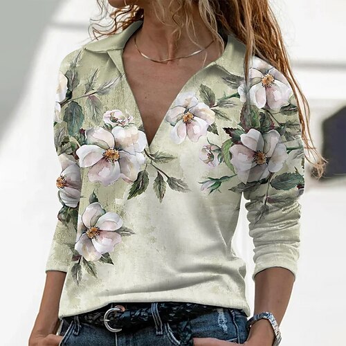

Women's T shirt Tee Floral Casual Holiday Weekend Floral Painting T shirt Tee Long Sleeve Print Shirt Collar Basic Green S / 3D Print