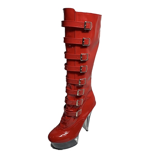 

botas de baile para mujer zapatos de baile en barra tacones de aguja botas por encima de la rodilla botas plataforma delgada tacón alto punta redonda cremallera hebilla adulto negro brillante negro rojo