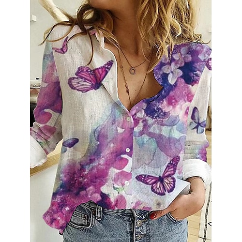 

Women's Shirt Blouse White Pink Red Floral Butterfly Button Print Long Sleeve Holiday Weekend Streetwear Casual Shirt Collar Regular Floral Butterfly S