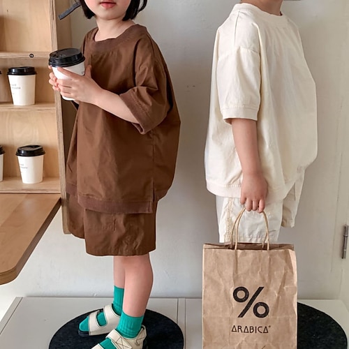 

2 Pieces Kids Unisex T-shirt & Shorts Clothing Set Outfit Solid Color Short Sleeve Cotton Set School Daily Casual Spring Summer 2-6 Years Brown Beige