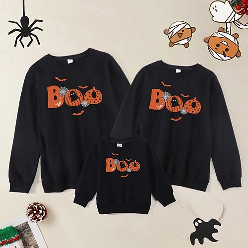 

Family Look Halloween Tops Halloween pattern Letter Daily Print Black Long Sleeve Basic Matching Outfits