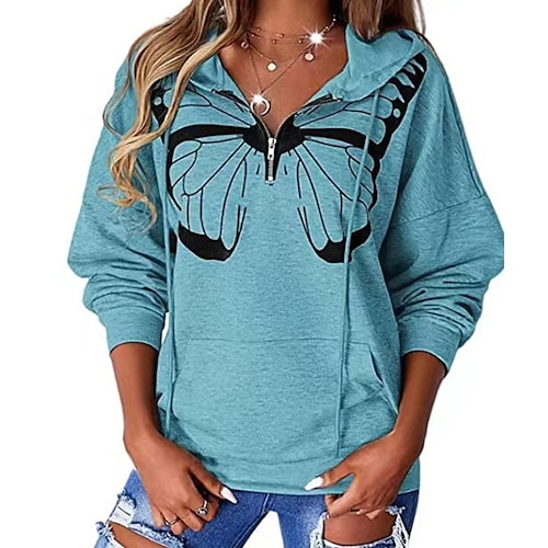 

Women's Hoodie Pullover Butterfly Casual Daily Sports Streetwear Casual Clothing Apparel Hoodies Sweatshirts White Blue