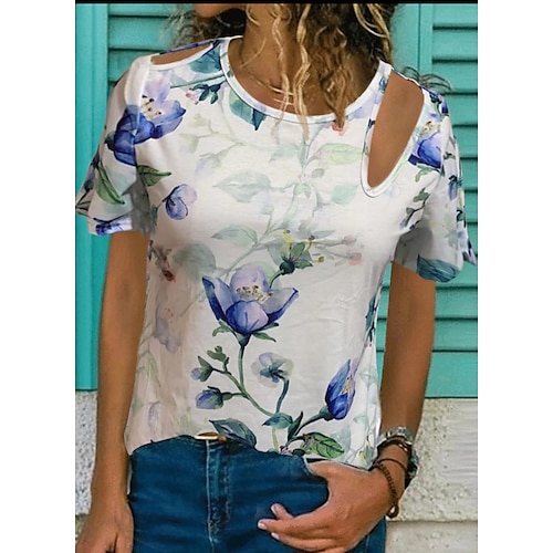

Women's T shirt Tee Flower Casual Weekend T shirt Tee Short Sleeve Cut Out Print Round Neck Basic Light Blue S