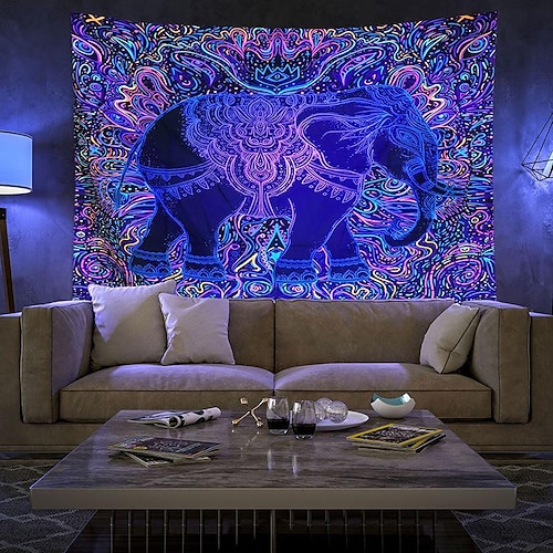 

India Elephant Blacklight Uv Reactive Wall Tapestry Art Decor Blanket Curtain Hanging Home Bedroom Living Room Decoration Polyester