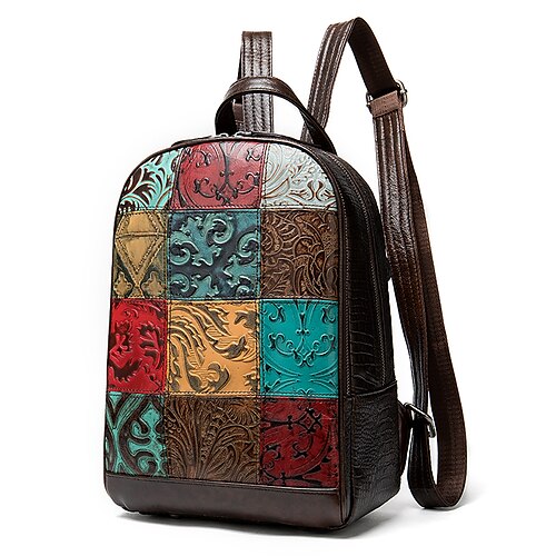 

Women's Backpack Nappa Leather Cowhide Tassel Zipper Plaid Daily Rainbow