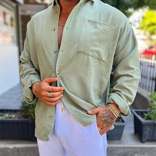 

Men's Shirt Solid Color Turndown Green Street Daily Long Sleeve Button-Down Clothing Apparel Fashion Casual Comfortable Big and Tall / Sports