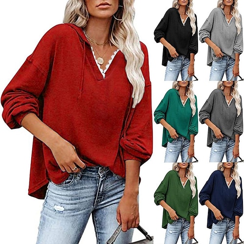 

maglione di abbigliamento da donna europeo e americano commercio estero nuove magliette amazon autunno e inverno nuova felpa con cappuccio allentata con scollo a V in pizzo tinta unita