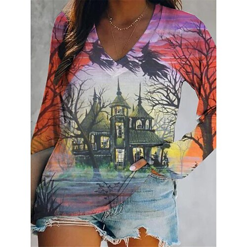 

Women's Plus Size Tops Blouse Shirt Halloween Print Long Sleeve V Neck Vintage Streetwear Festival Halloween Daily Cotton Spandex Jersey Fall Winter Purple