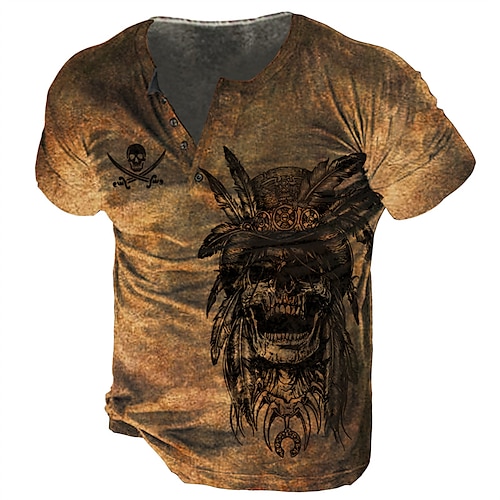 

Men's T shirt Tee Henley Shirt Tee Graphic Skull Henley Brown Short Sleeve 3D Print Plus Size Outdoor Daily Button-Down Print Tops Basic Designer Casual Classic / Summer / Summer / Sports