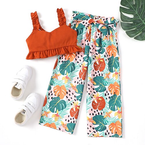 

2 Pieces Kids Girls' Tank & Pants Clothing Set Outfit Leaf Sleeveless Cotton Set Vacation Fashion Spring Summer 2-6 Years Green Yellow Orange