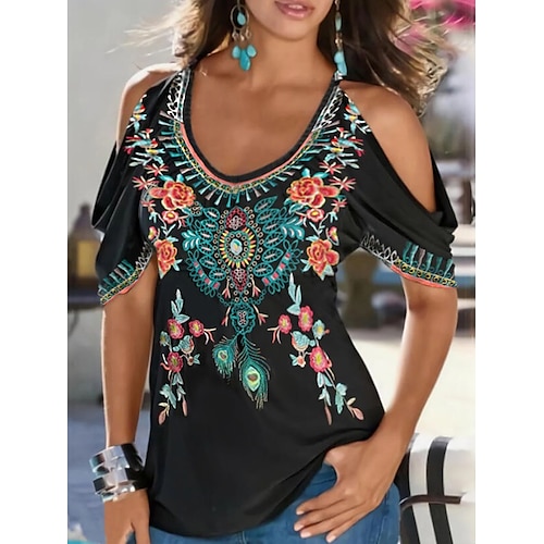 

Women's Blouse Floral Feather Casual Holiday Weekend Floral Painting Blouse Short Sleeve Cut Out Print Round Neck Basic Black Blue Red S / 3D Print