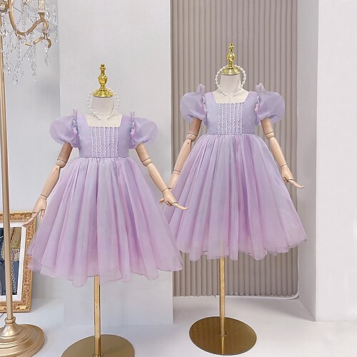 

Toddler Girls' Vintage Sweet Jacquard Solid Colored Bow Embroidered Lace Trims Above Knee Dress Wine