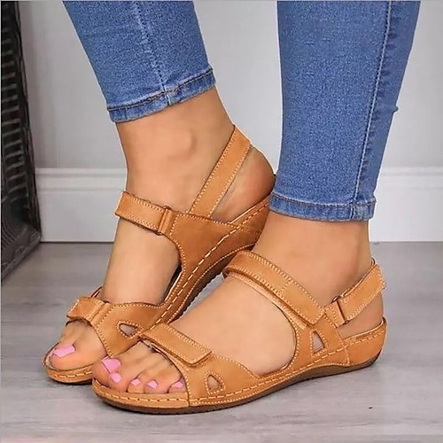 

Women's Sandals Flat Sandals Comfort Shoes Plus Size Outdoor Daily Beach Summer Wedge Heel Round Toe Casual Minimalism Walking Shoes PU Leather Faux Leather Ankle Strap Solid Color Solid Colored