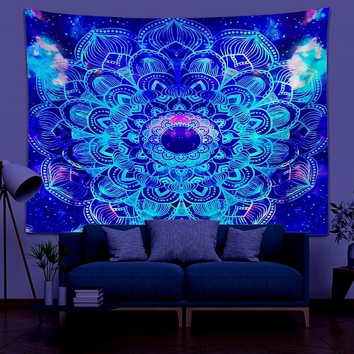 

Blacklight UV Reactive Tapestry Mandala Bohemain Decoration Cloth Curtain Picnic Table Cloth Hanging Home Bedroom Living Room Dormitory Decoration Polyester