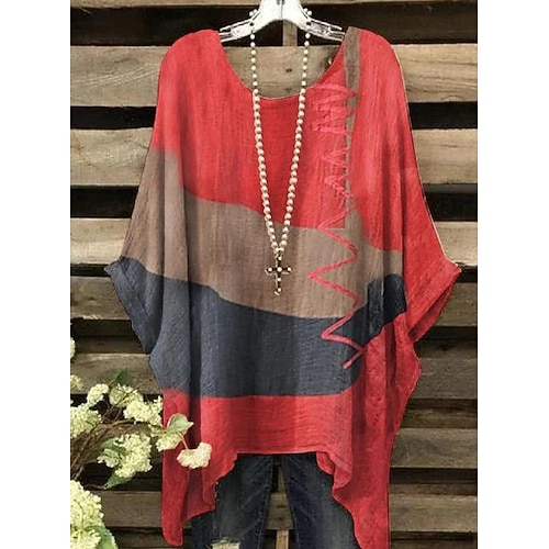 

Women's Plus Size Tops Blouse Color Block Print Long Sleeve Crew Neck Casual Daily Vacation Polyester Fall Spring Red