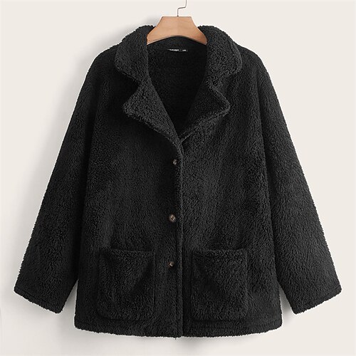 

Women's Plus Size Teddy Coat Pocket Button Plain Vacation Going out Long Sleeve Turndown Regular Fall Winter Black L XL XXL 3XL 4XL