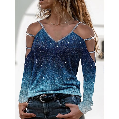 

Women's T shirt Tee Blue Orange Galaxy Cut Out Print Long Sleeve Casual Weekend Basic V Neck Regular S