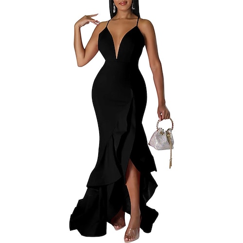 

Women's Party Dress Slip Dress Long Dress Maxi Dress Black Blue Red Sleeveless Pure Color Ruffle Spring Summer Spaghetti Strap Party Slim 2022 S M L XL XXL