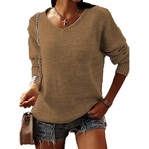 

Women's Pullover Sweater Jumper Ribbed Knit Knitted Pure Color V Neck Stylish Casual Daily Holiday Fall Winter Gray Khaki One-Size / Long Sleeve