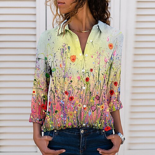 

Women's Blouse Shirt Blue Purple Pink Floral Butterfly Button Print Long Sleeve Daily Weekend Streetwear Casual Shirt Collar Regular Floral Butterfly S / 3D Print