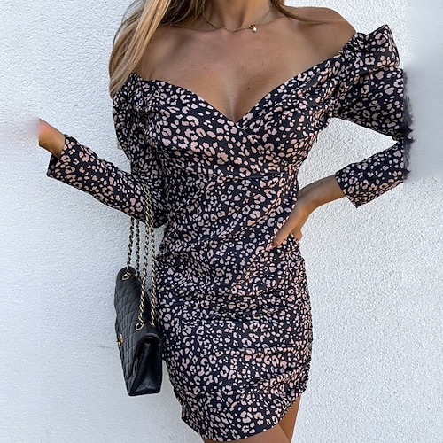 

Women's Sheath Dress Short Mini Dress Leopard Black Purple Fuchsia Long Sleeve Floral Leopard Ruched Print Fall Winter V Neck Stylish Vacation 2022 S M L XL XXL