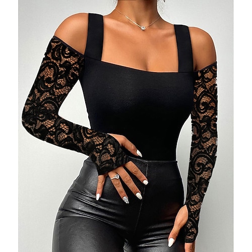 

Women's Shirt Black Plain Lace Patchwork Long Sleeve Daily Weekend Streetwear Casual Off Shoulder Regular Slim S