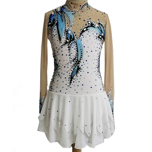 

Figure Skating Dress Women's Girls' Ice Skating Dress Blue White Thumbhole High Elasticity Training Competition Skating Wear Crystal / Rhinestone Long Sleeve Ice Skating Figure Skating / Winter