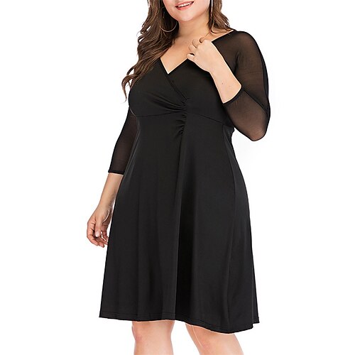 

Women's Plus Size Work Dress Solid Color V Neck Ruched Long Sleeve Fall Spring Work Formal Short Mini Dress Daily Vacation Dress / Mesh / Loose Fit