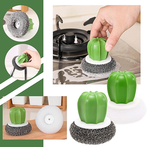 

2 pièces boule de décontamination brosse cuisine brosse de nettoyage ménage avec poignée lavage en acier inoxydable cactus pot brosse maison outils cuisine brosse de nettoyage