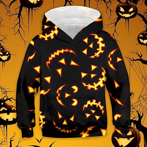

Kids Boys Halloween Hoodie Pumpkin Outdoor 3D Print Long Sleeve Pocket Active 3-13 Years Winter Yellow