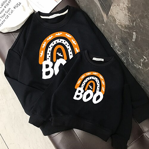 

Mommy and Me Halloween Tops Halloween pattern Letter Daily Print Black Long Sleeve Basic Matching Outfits