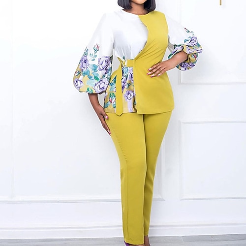 

Women's Plus Size Tops Set Floral Print 3/4 Length Sleeve Round Neck Festival Daily Going out Polyester Fall Spring Yellow