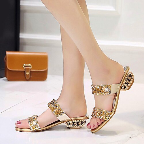 

Women's Sandals Outdoor Office Daily Sparkly Sandals Summer Sequin Chunky Heel Open Toe Elegant Casual Sweet Walking Shoes PU Leather Loafer Solid Colored Silver Black Gold