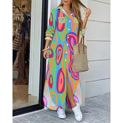 

Women's Shirt Dress Shift Dress Long Dress Maxi Dress Green Blue Purple Long Sleeve Print Winter Fall Spring Shirt Collar Winter Dress Fall Dress 2022 S M L XL XXL