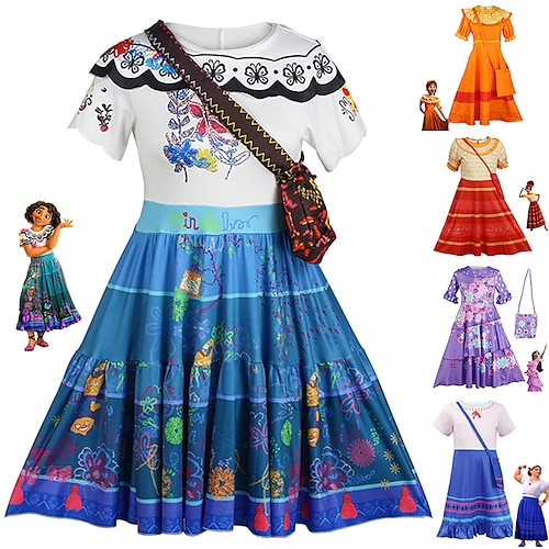 

Girls' Encanto Dress with Bags Mirabel Isabela Luisa Madrigal Cosplay Costume Flower Girl Dress Vacation Dress Cute Movie Cosplay Outfit Children's Day Halloween Masquerade