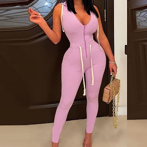 

Women's Jumpsuit Drawstring Zipper Solid Color Hooded Active Sport Holiday Regular Fit Sleeveless Black Pink Apricot S M L Spring