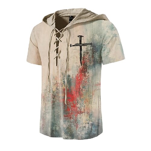

Men's Unisex T shirt Tee 3D Print Graphic Prints Cross Hooded Street Daily Lace up Print Short Sleeve Tops Designer Casual Big and Tall Sports Khaki / Summer / Summer