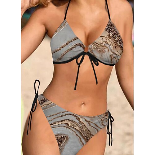 

Women's Swimwear Bikini 2 Piece Normal Swimsuit Halter Open Back Printing Gradient Color Gray Halter V Wire Bathing Suits Sexy Vacation Fashion / Modern / New