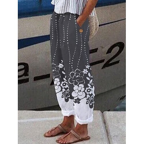 

Women's Chinos Pants Trousers Grey Mid Waist Fashion Casual Weekend Side Pockets Print Micro-elastic Full Length Comfort Flower / Floral S M L XL XXL / Loose Fit