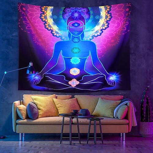 

Blacklight UV Reactive Tapestry Chakra Mandala Bohemian Luminous Background Cloth Dormitory Decoration Hanging Cloth