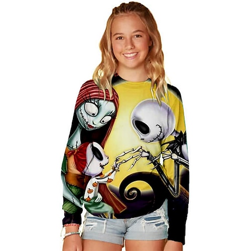 

The Nightmare Before Christmas Kids Girls' Ugly T shirt Skull Outdoor 3D Print Long Sleeve Active 3-12 Years Winter Black Yellow Fuchsia