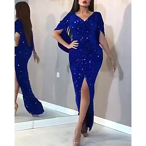 

Women's Party Dress Sequin Dress Bodycon Long Dress Maxi Dress Blue Short Sleeve Pure Color Sequins Winter Fall Spring V Neck Mature Party Evening Party Wedding Guest 2022 S M L XL XXL