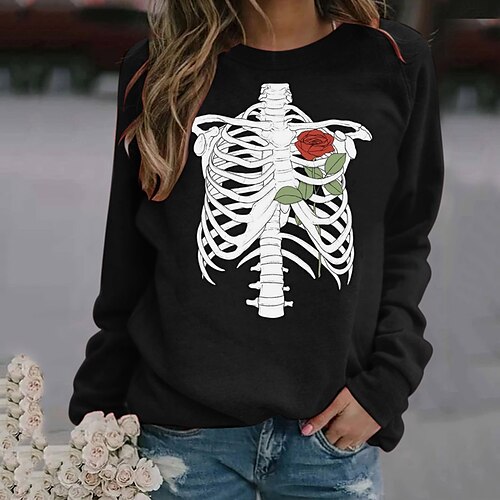 

Women's Sweatshirt Pullover Active Streetwear Pocket Print Black White Orange Skull Skeleton Weekend Round Neck Long Sleeve